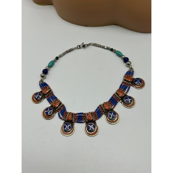 Tibetan Lapis & Coral Necklace Bracelet Earring Jewelry Set Boho Tribal - Picture 7 of 7